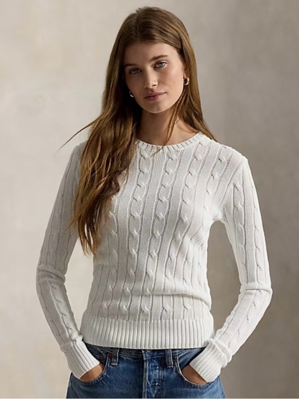 New! Polo Ralph Lauren White Cable-Knit Crewneck Sweater